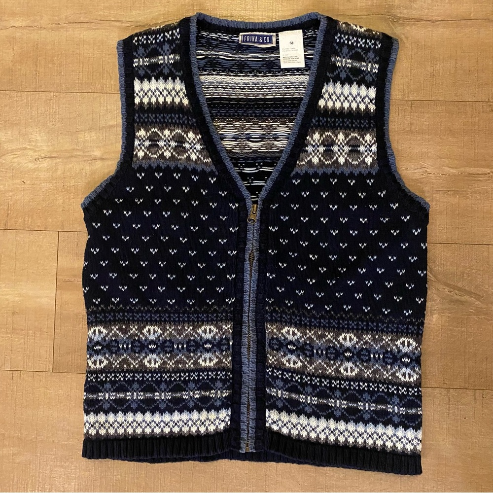 VTG Erika & Co knit navy blue white fair isle Pattern winter zio up Sweater Vest